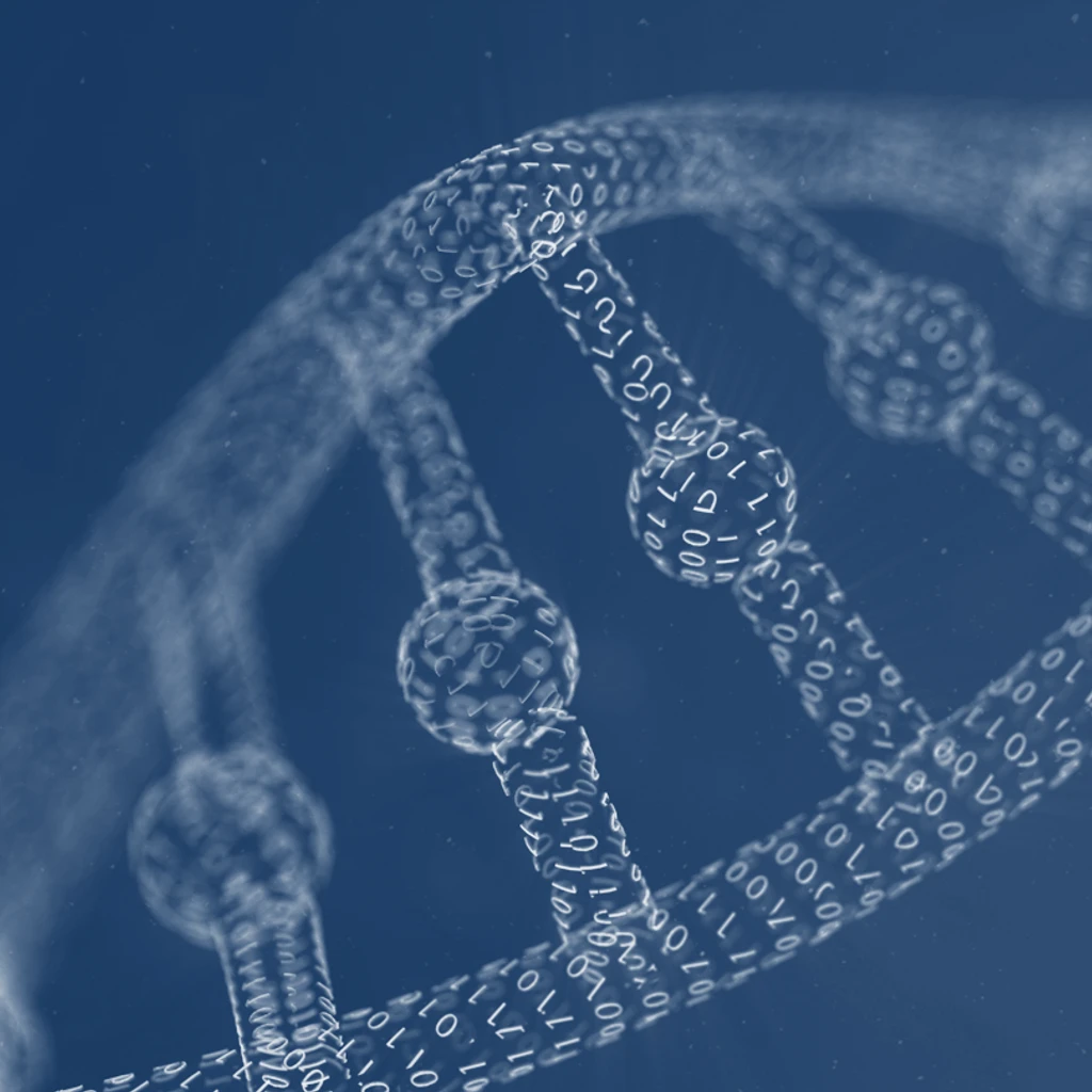 A 3D illustration of DNA double helix structure converted into binary code