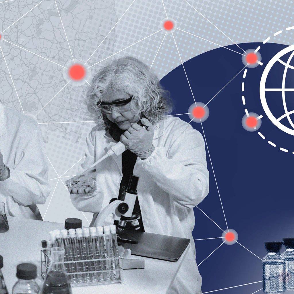 layered image showing scientists and network
