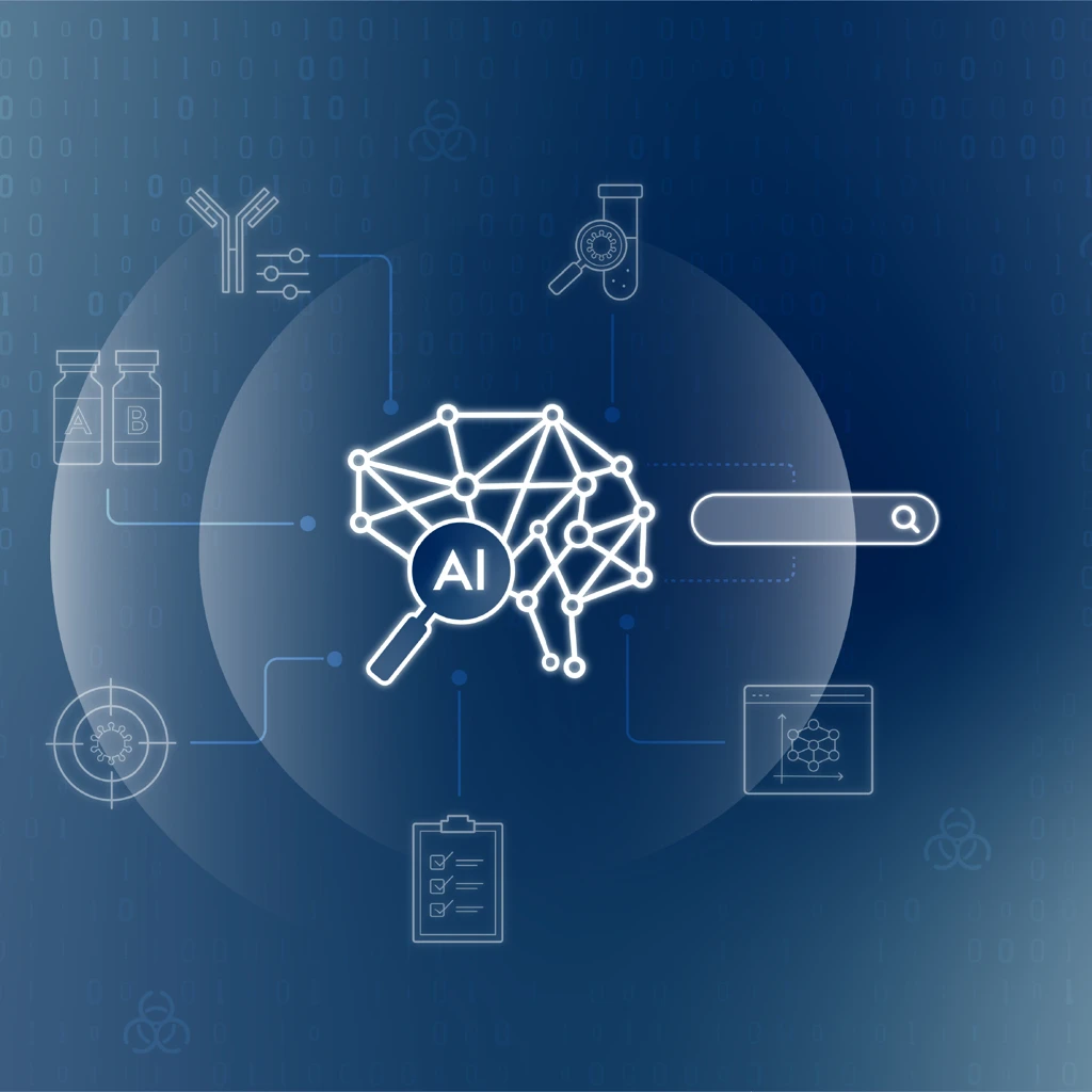 blue illustration including AI and R&D icons