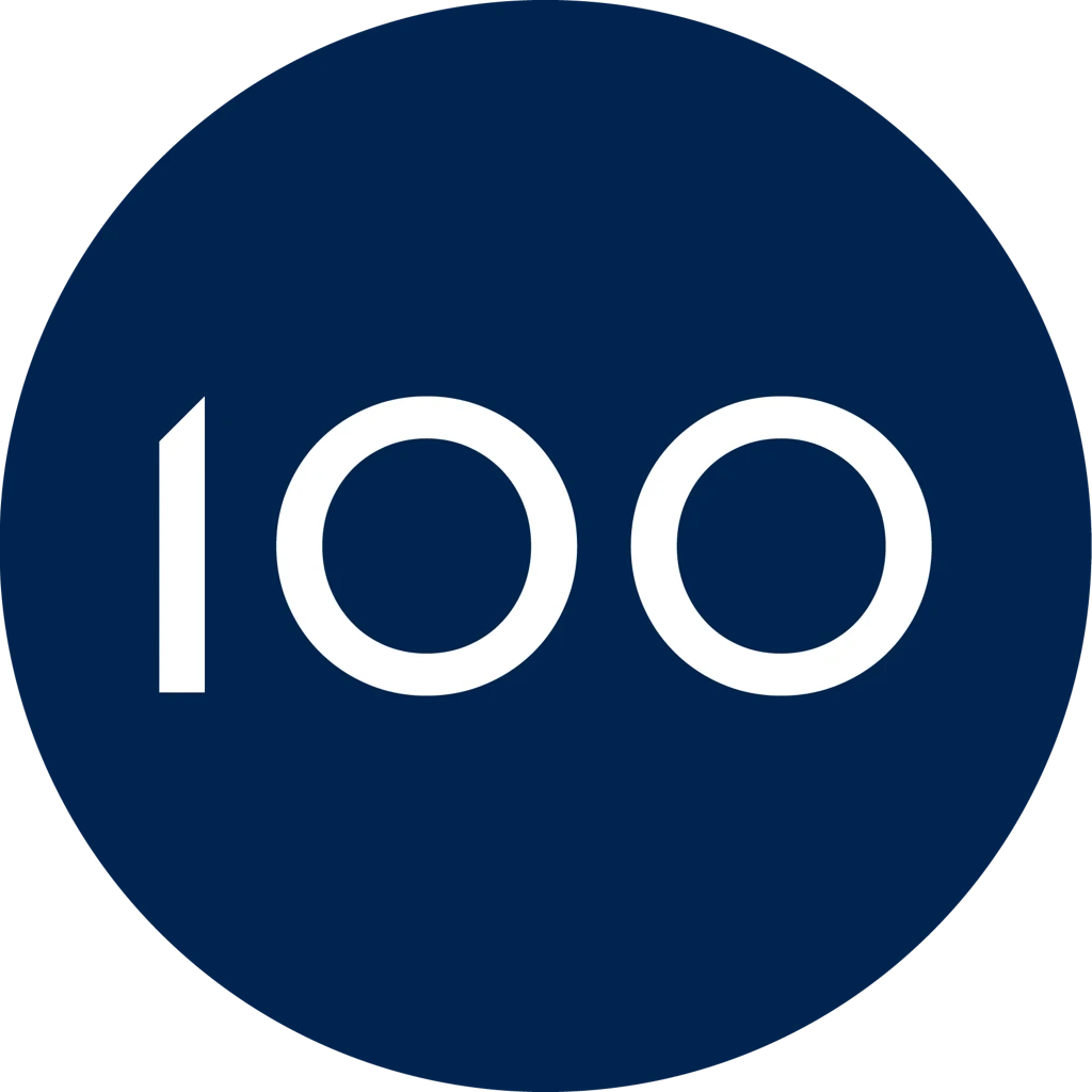 number 100 in a blue circle