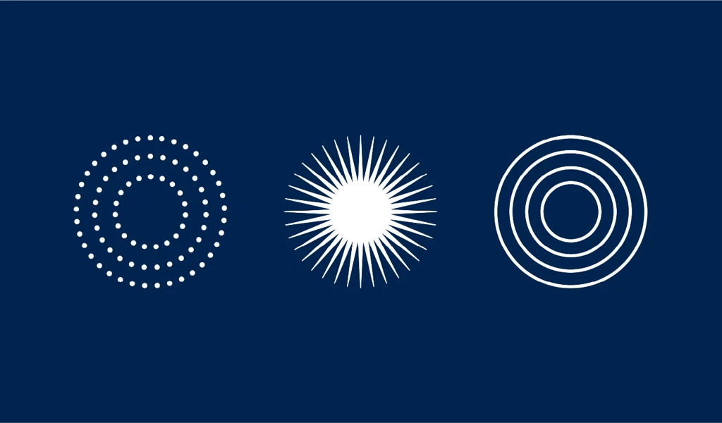 three white circular icons on blue background