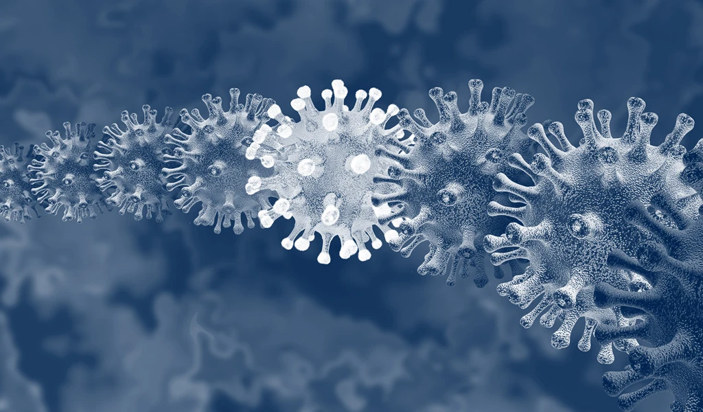 scientific illustration of several covid-19 viruses lined up