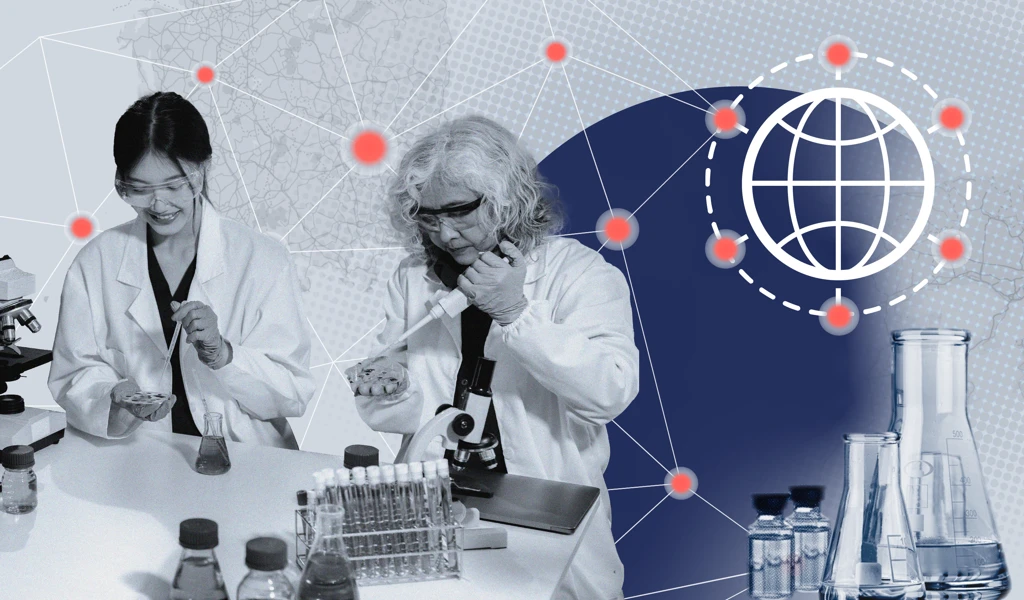 layered image showing scientists and network