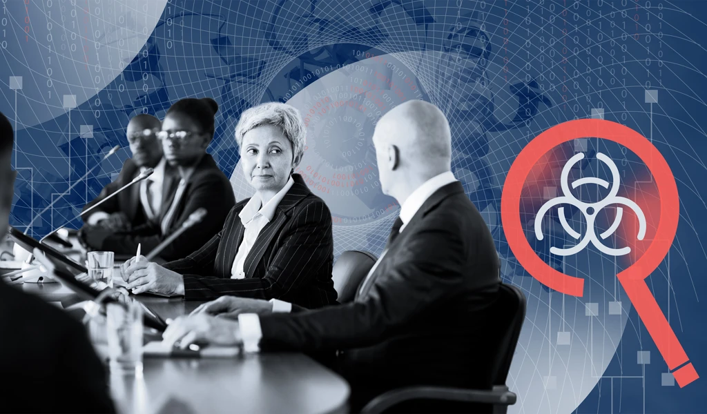 Layered image with people in a meeting with textured patterns