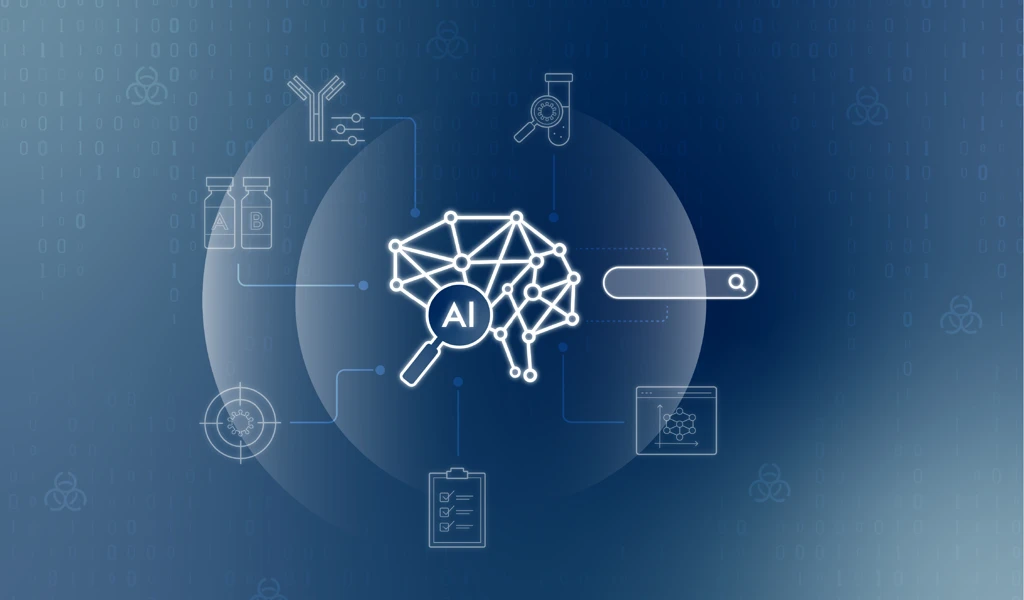 blue illustration including AI and R&D icons