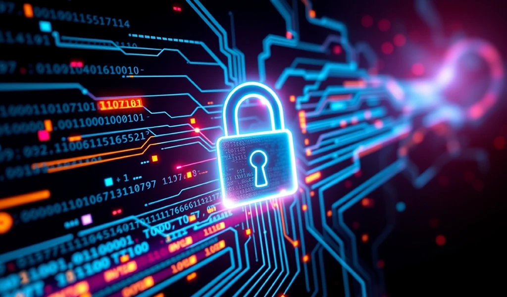 glowing blue lock on abstract data background