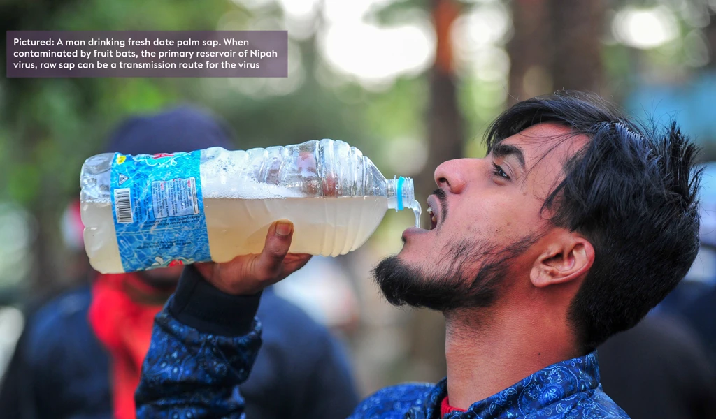 close up of a young man drinking raw date juice from a plastic bottle