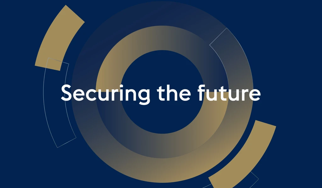 Blue background with yellow graphic and text 'securing the future'