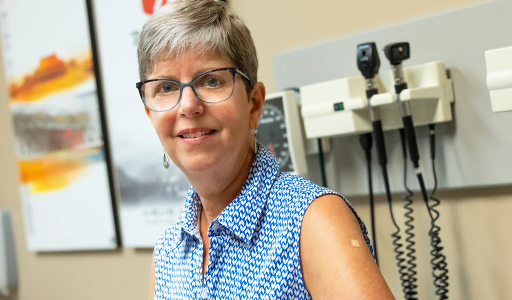 A healthy adult participant, Susan Murray, receives the first dose in Moderna’s Phase 1 clinical trial in Canada evaluating mRNA-1469, an investigational vaccine candidate against Bundibugyo ebolavirus, in Truro, Nova Scotia, on August 3, 2026