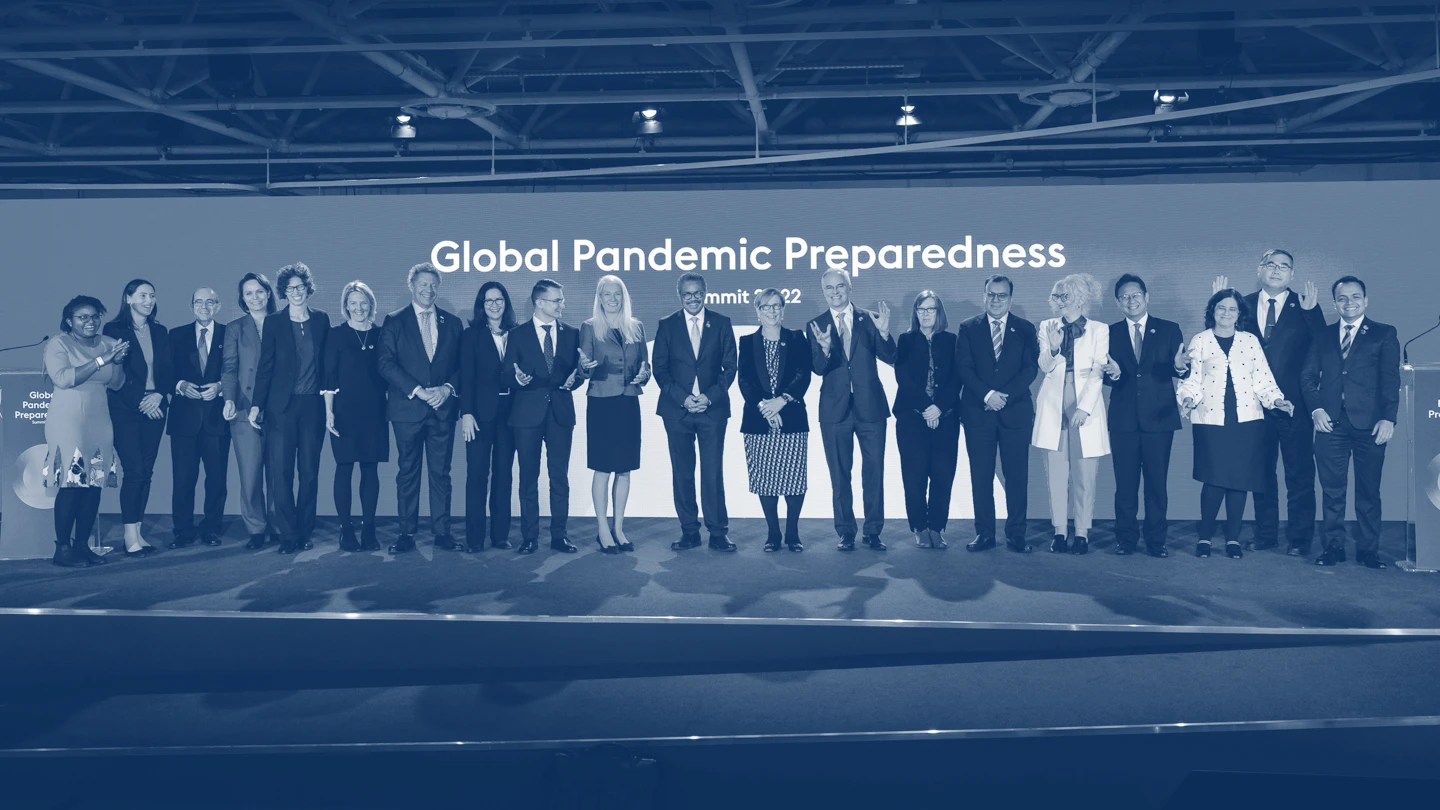Group of speakers on stage at the Global Pandemic Preparedness Summit 2022