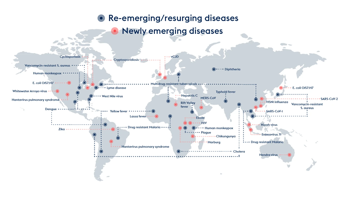 world map with points that indicate where new and re-emerging diseases have been