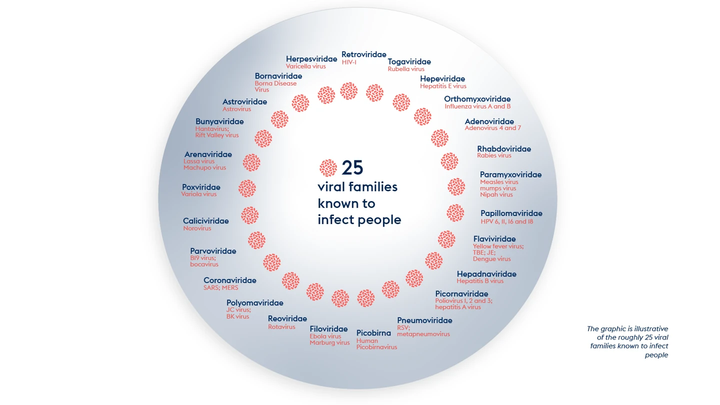circular graphic showing example viruses coming from 25 virus families known to infect people
