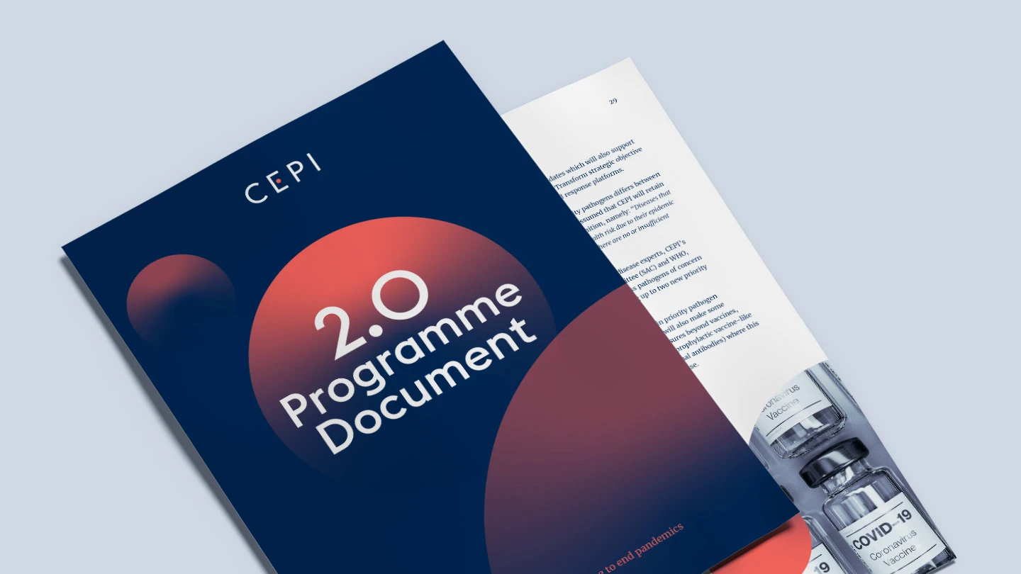 two pages from the CEPI 2.0 document on blue background