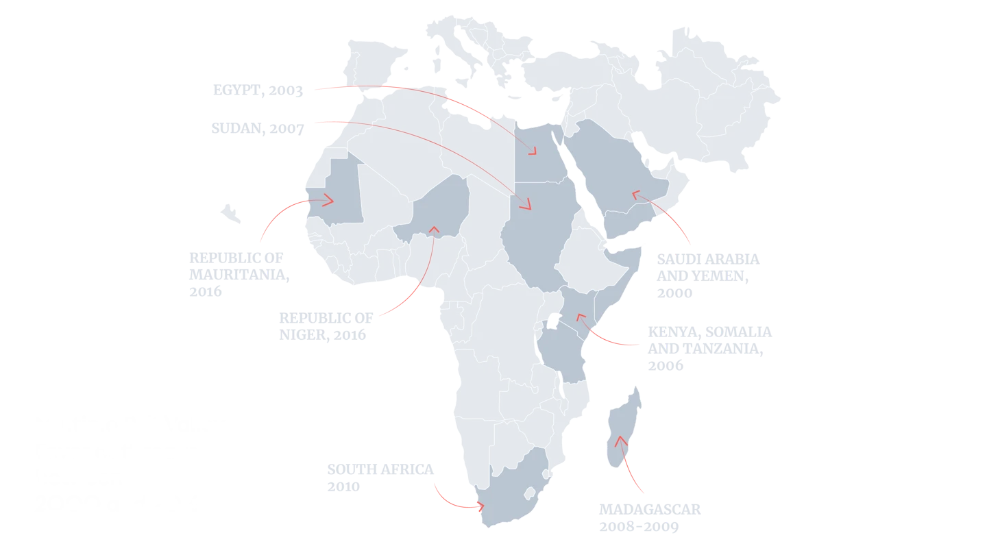 map of Africa with countries that have had RVF outbreaks highlighted