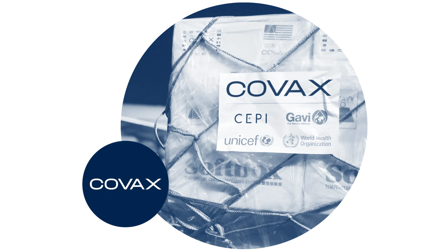 photo of COVAX branded wooden crate in circular frame