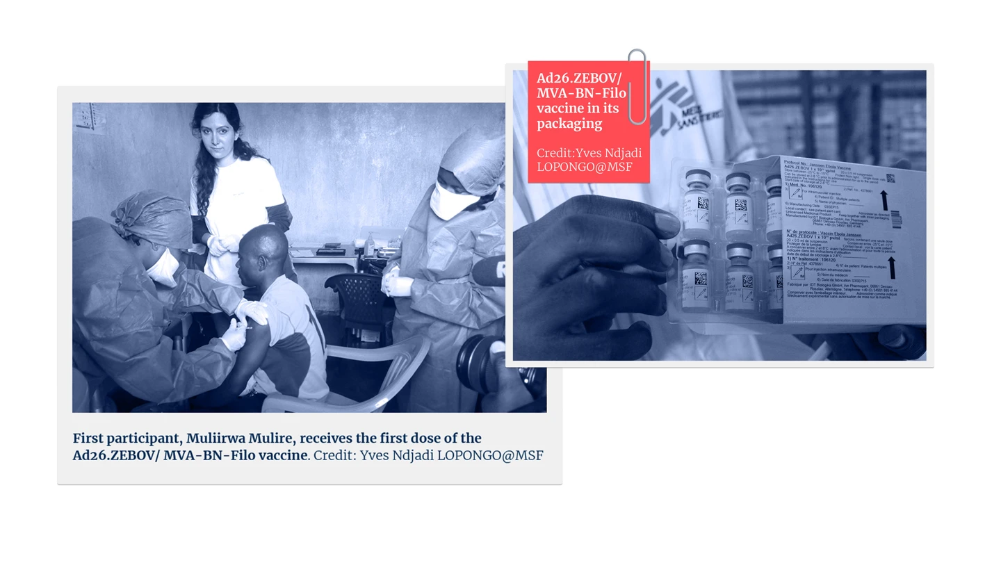 two photos showing ebola vaccine and first trial participant