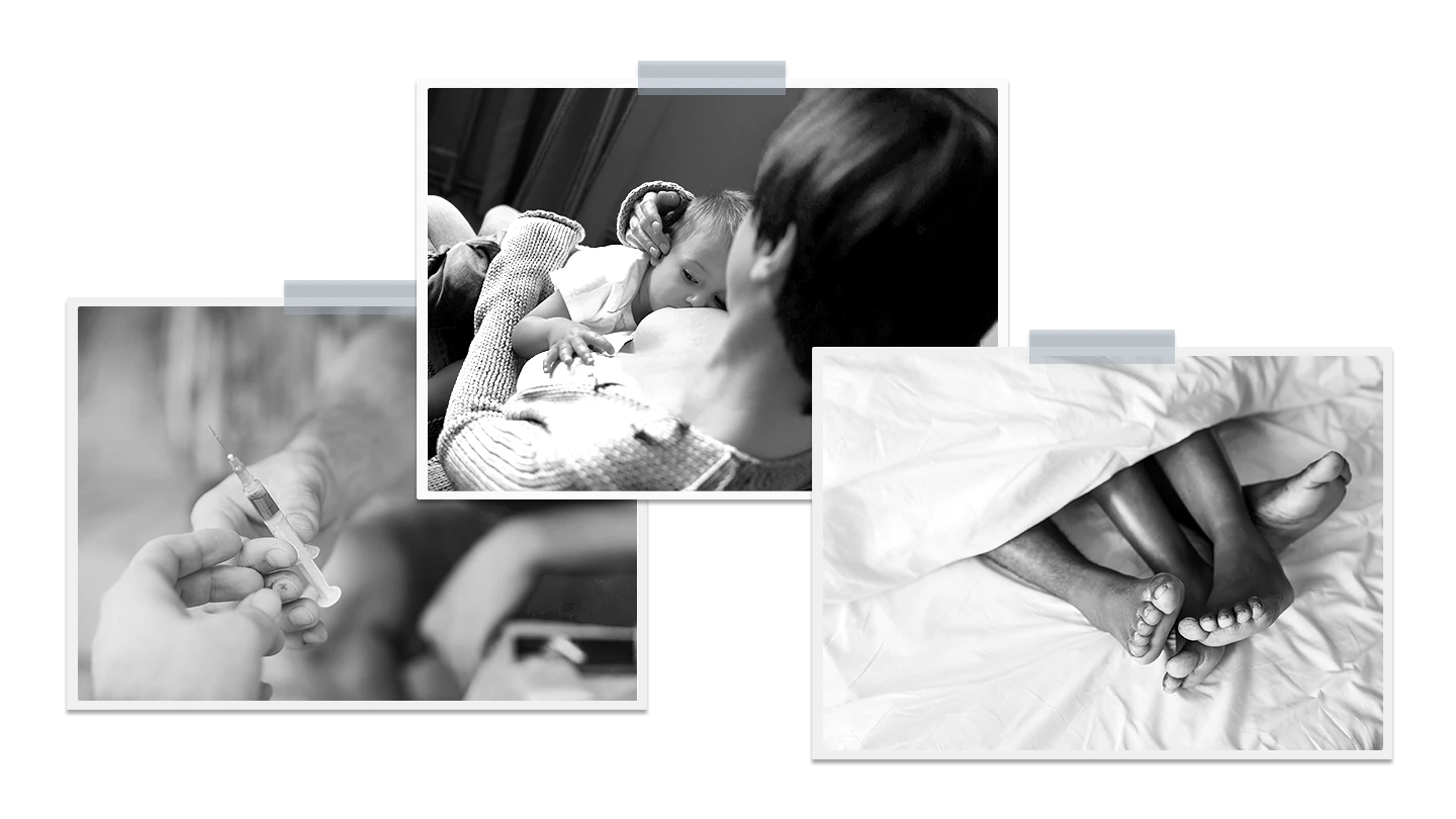 three black and white images showing needle sharing, breast feeding and two people in bed