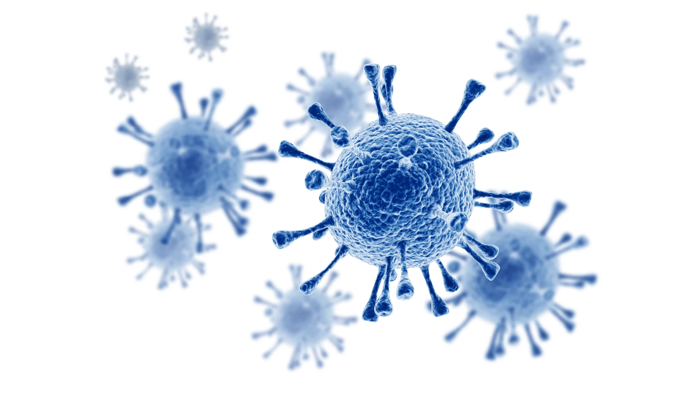 scientific illustrations of blue viruses