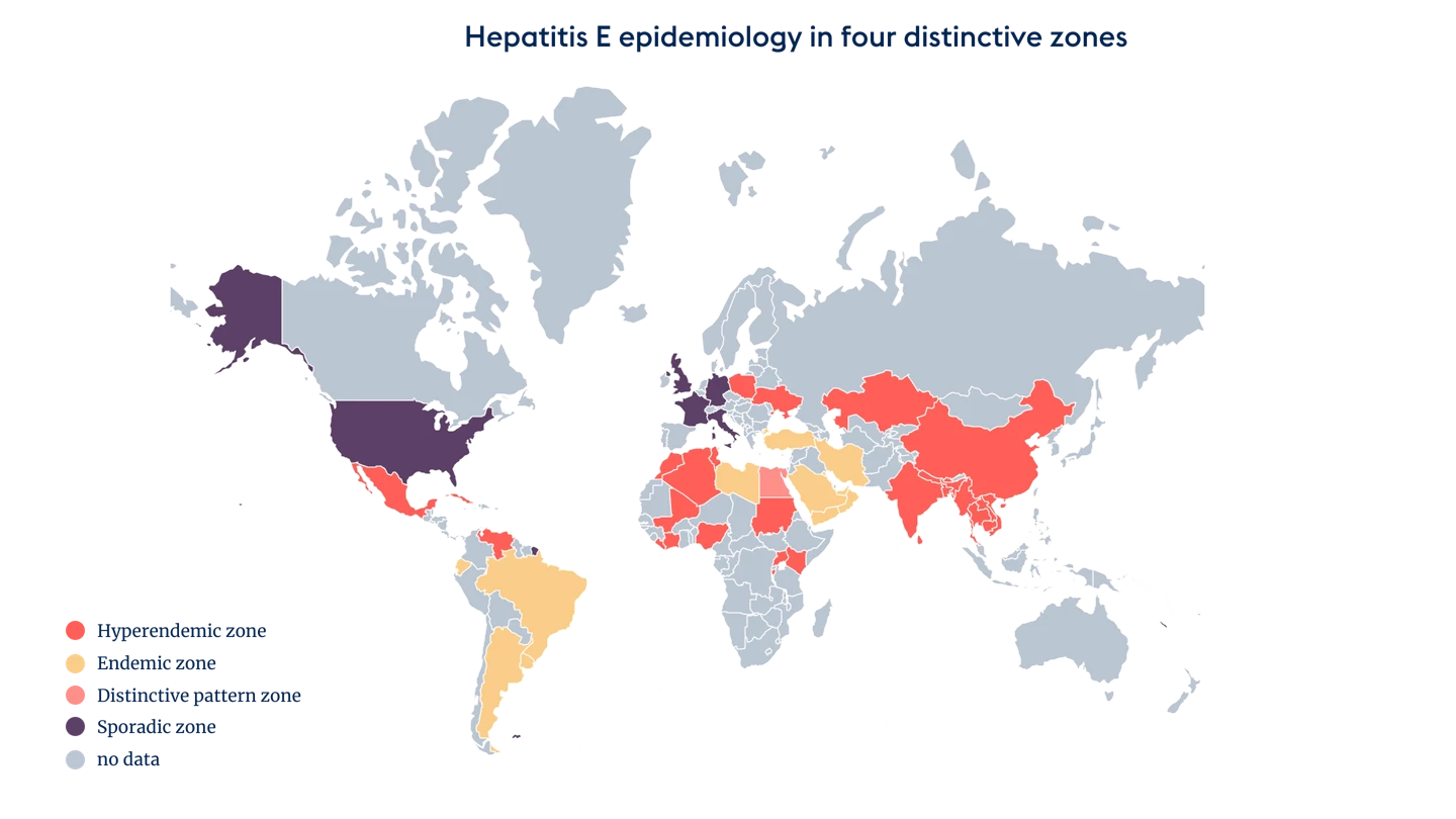 world map showing areas where Hepatitis E have been found