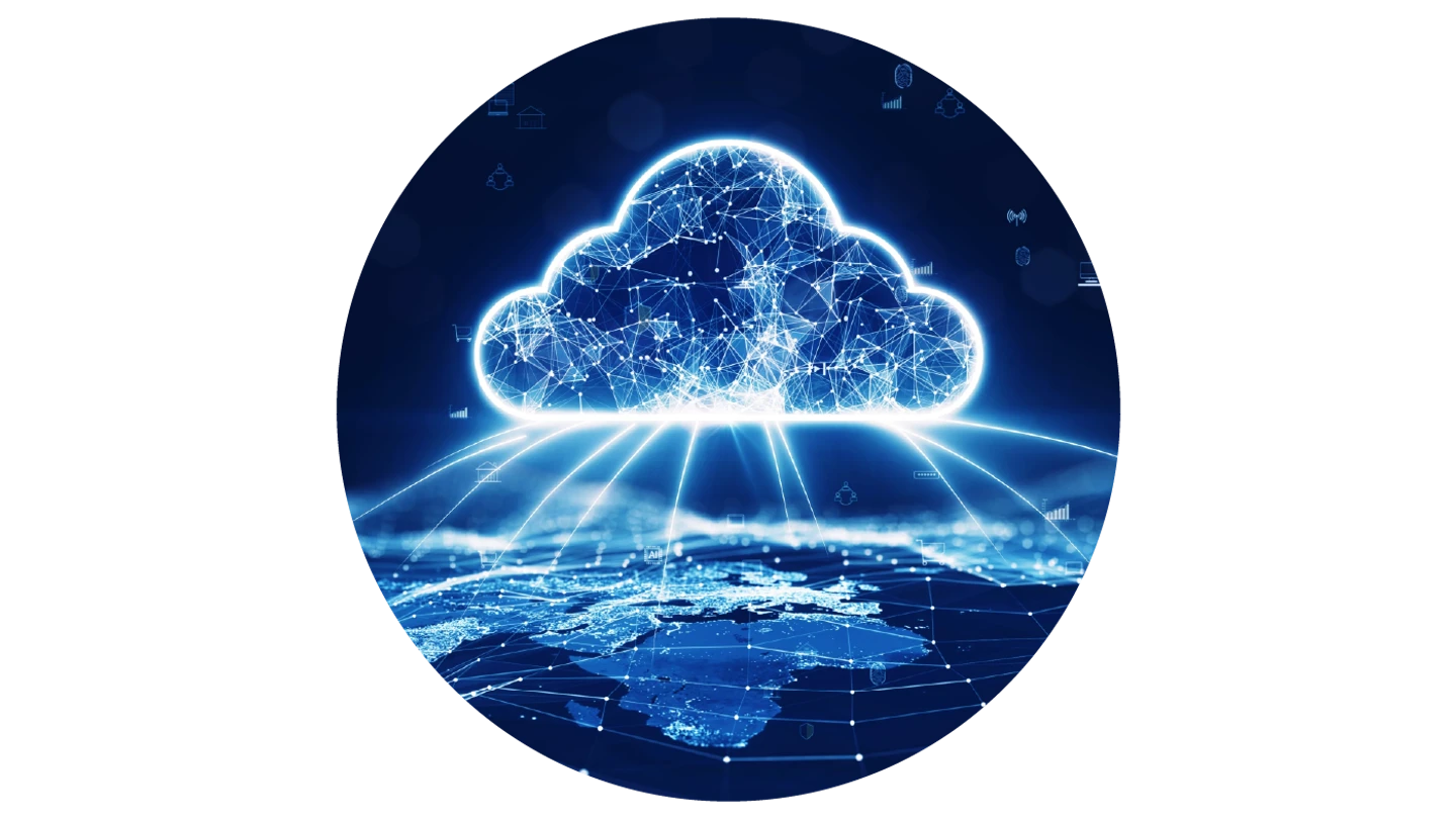 abstract glowing cloud with network strands over a globe