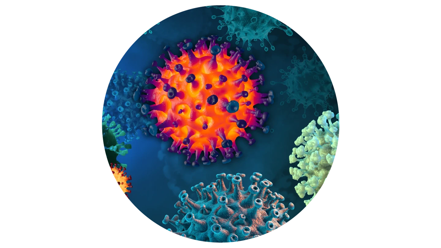render of colourful viruses on blue background