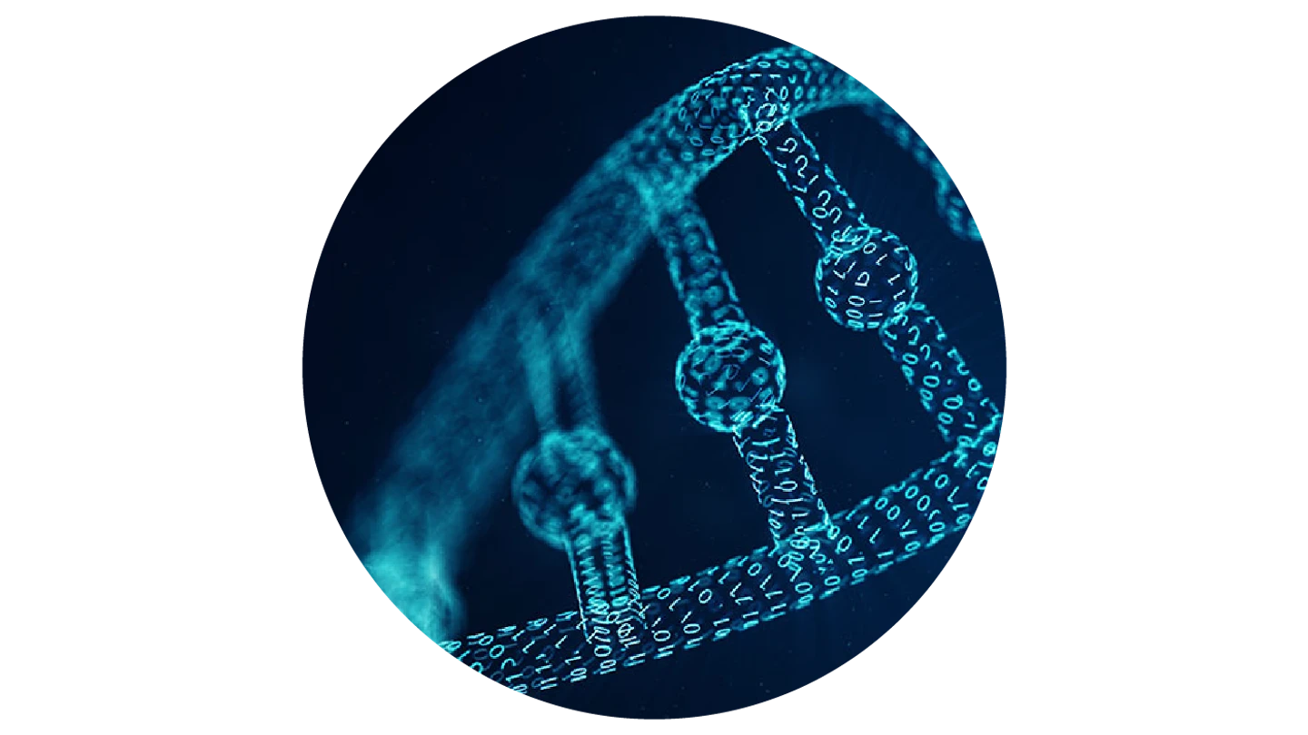 closeup of blue binary numbers in shape of DNA strand