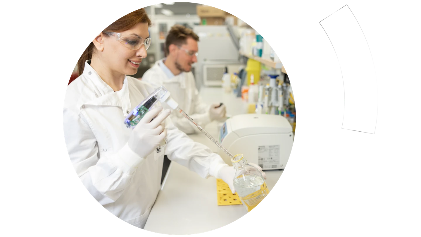 circle shape with photos of researchers inside