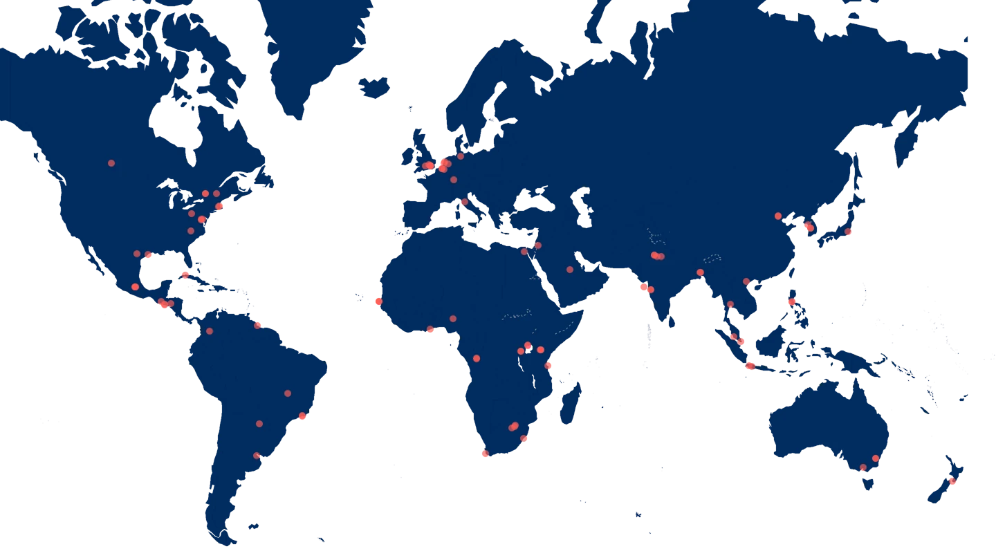 world map with red pins on showing CEPI's partner location