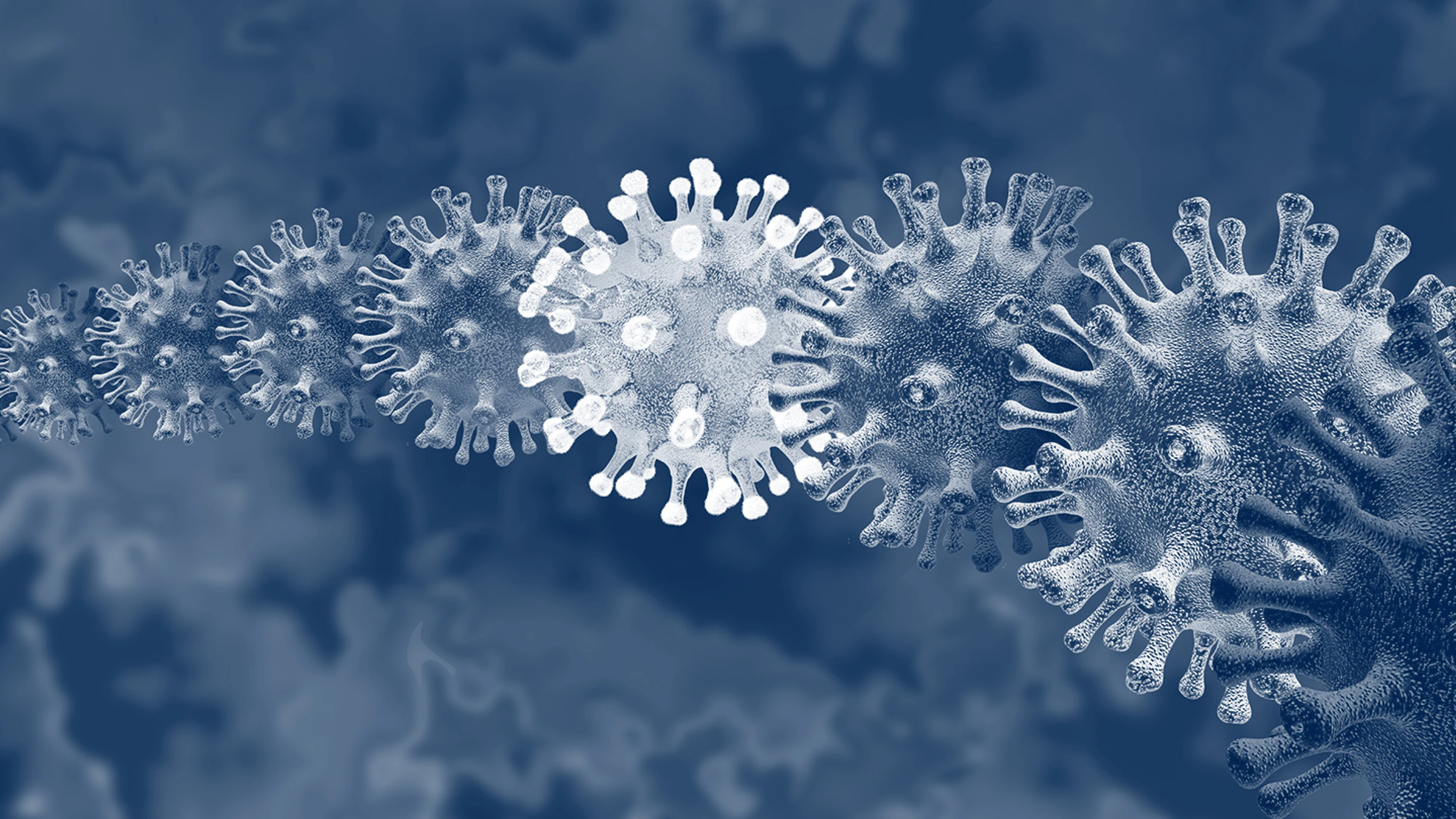 scientific illustration of several covid-19 viruses lined up