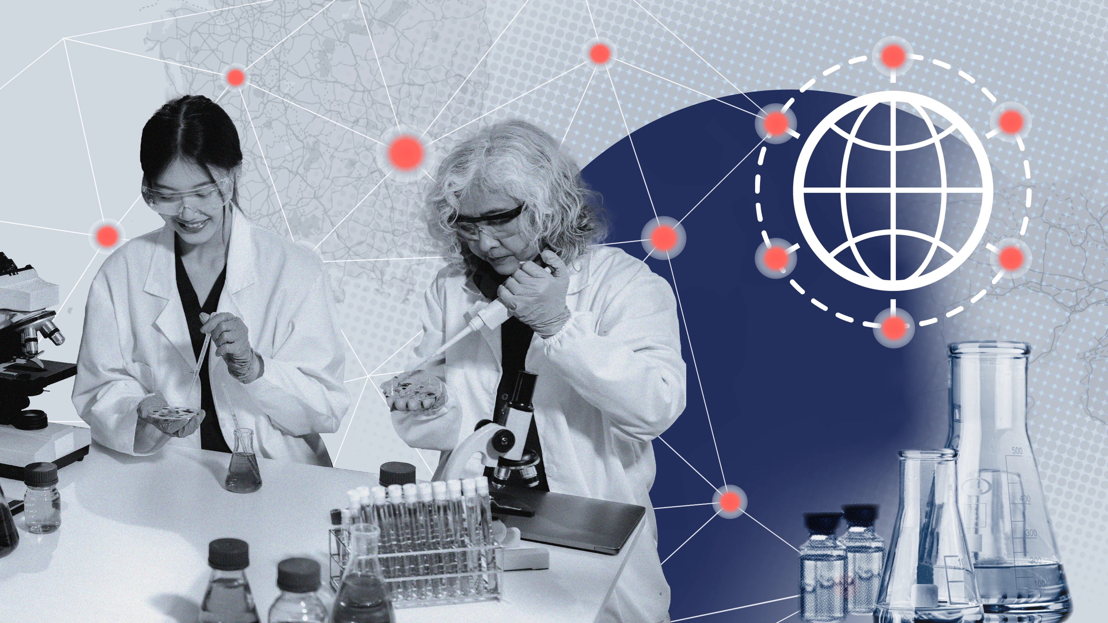 layered image showing scientists and network