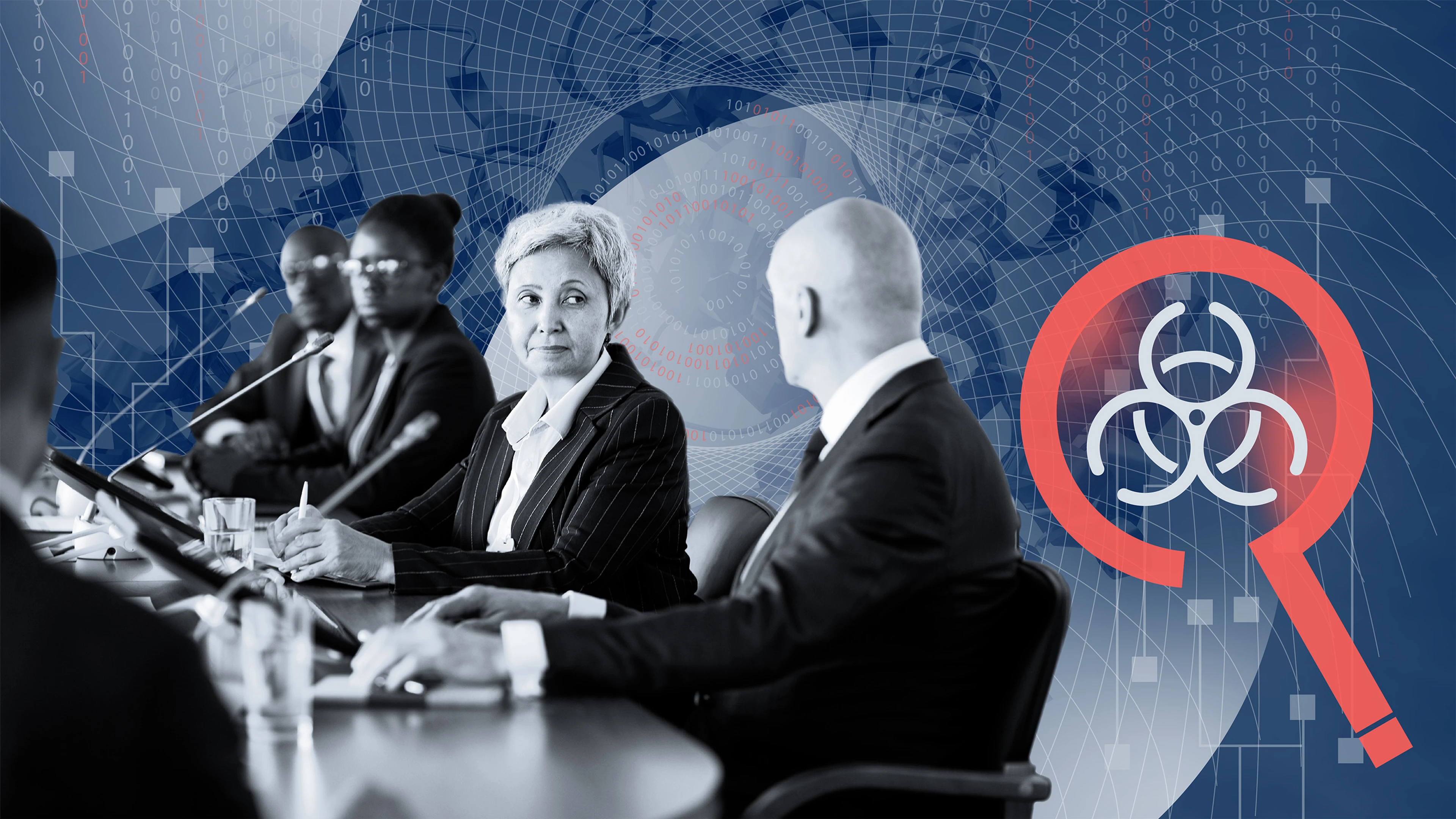Layered image with people in a meeting with textured patterns