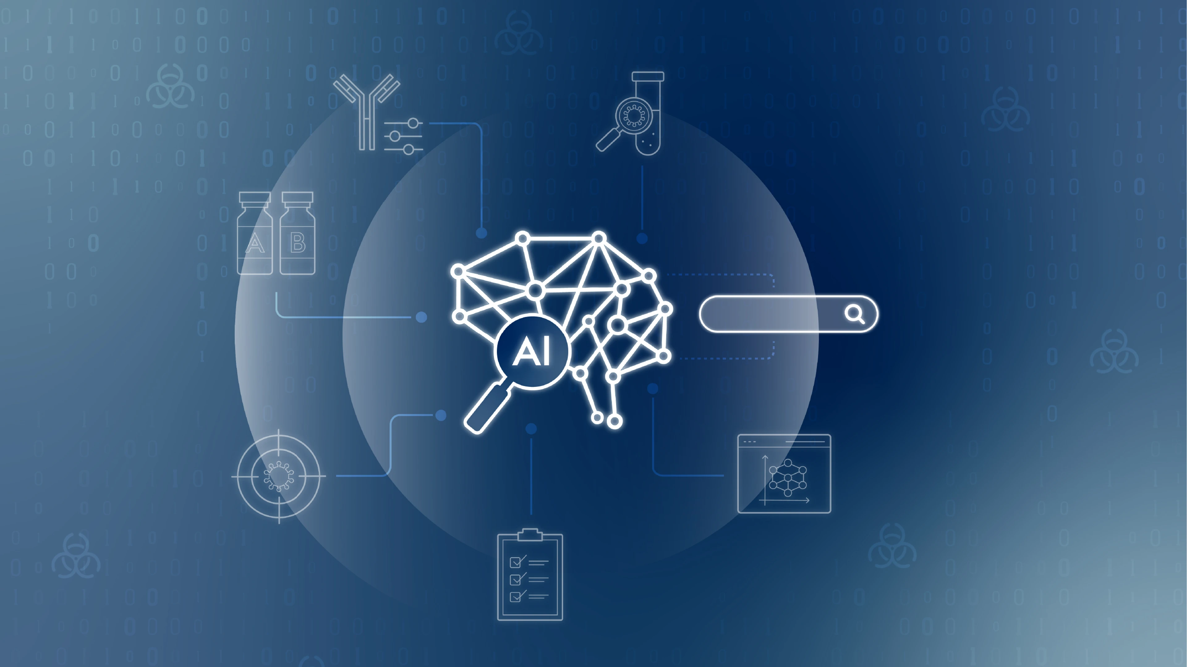 blue illustration including AI and R&D icons 