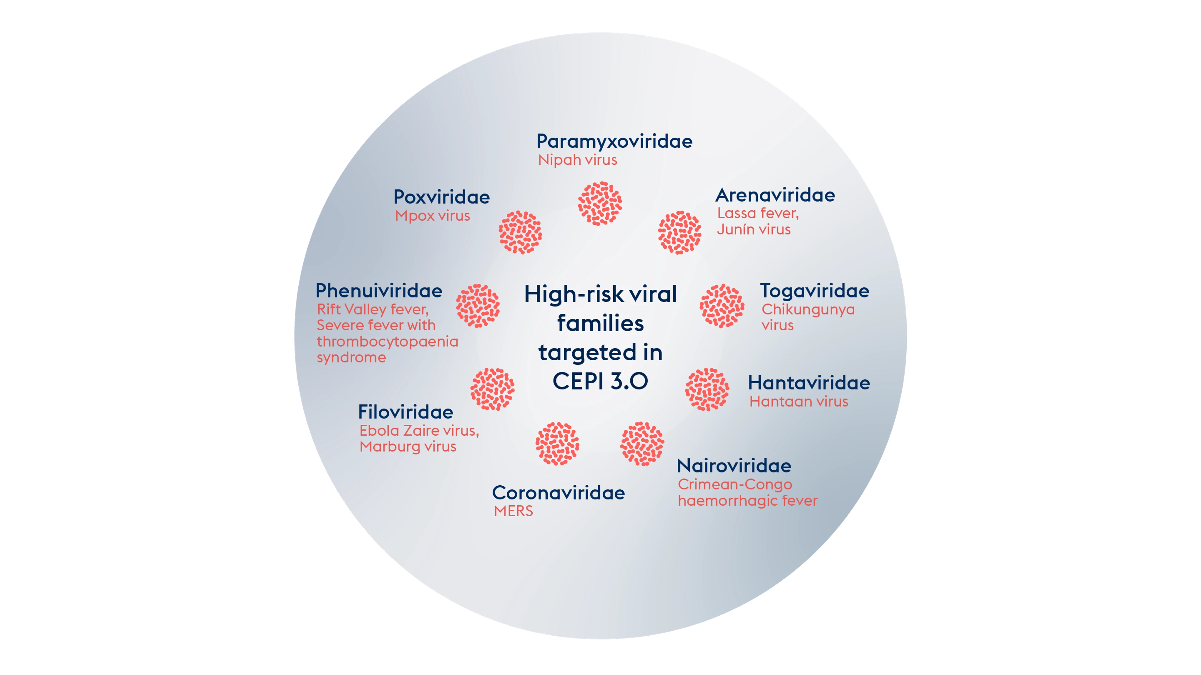 graphic of circle with text outlining the nine viral families CEPI is focusing on