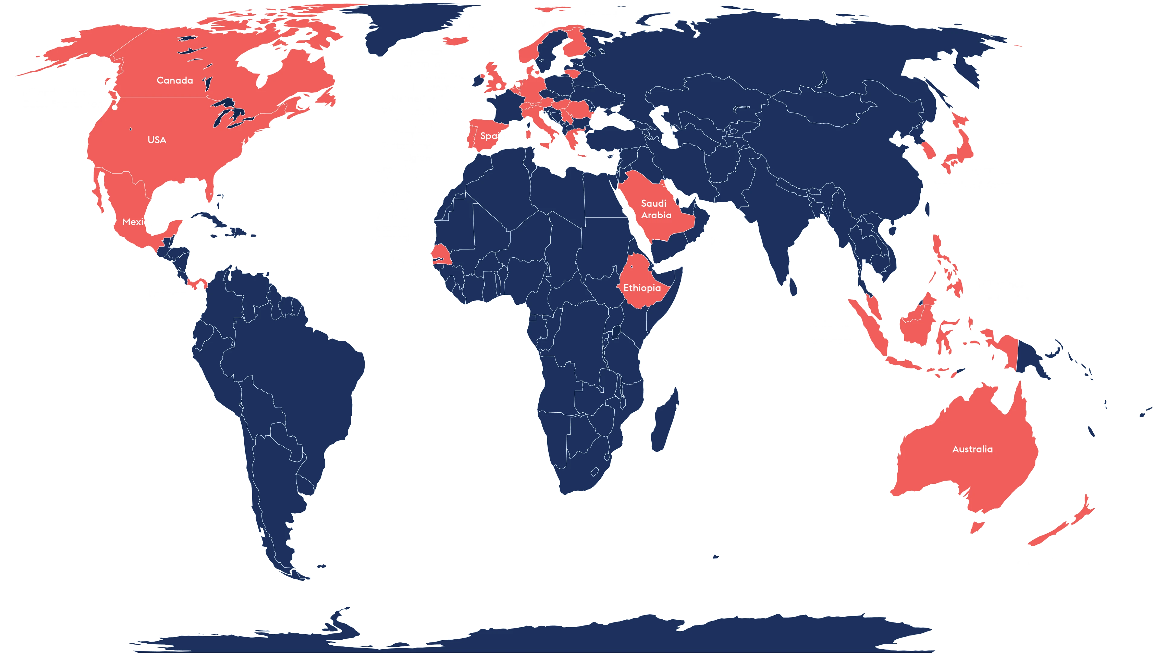 world map with select areas highlighted